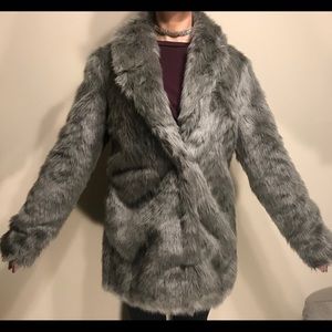 Forever 21 Faux Fur Coat Silver Grey